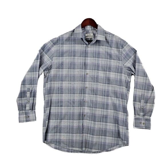 Calvin Klein Mens Button‎ Down Dress Shirt Regular Fit Plaid Blue Size L 16-16.5 - Picture 1 of 11